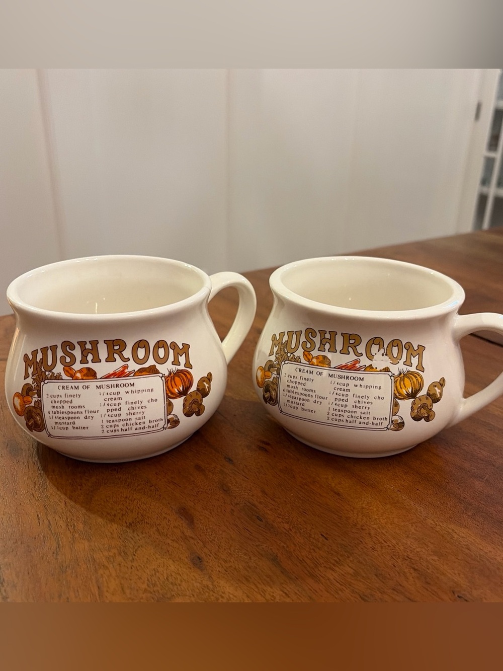 Vintage 1970s Mushroom Soup Recipe Ceramic Mugs Cups Set of 2 Retro Kitchen READ